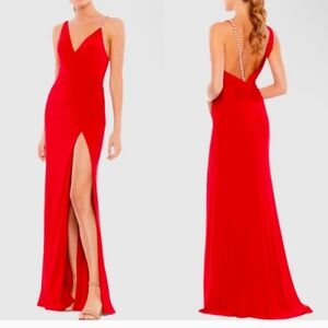 Mac Duggal Red Backless Slit Gown for Prom